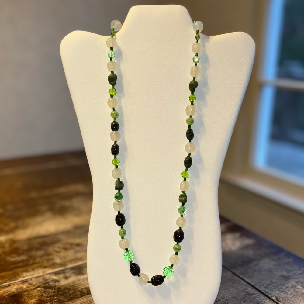 Vintage Crystal and Green White Gemstone Beaded Necklace